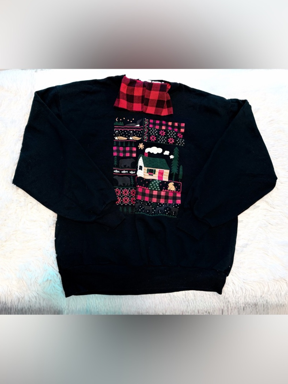 Cozy Cabin Patchwork Sweatshirt with Buffalo Plaid Collar